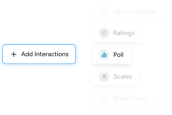 Create interactions interface showing Add Interactions button with options for Ratings, Poll, and Scales